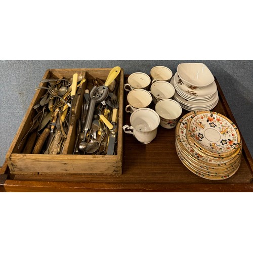 291 - Assortment cutlery, with faux ivory handles, assorted china and weighing scales