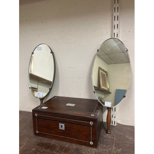 338 - A Victorian rosewood and mother of pearl inlaid lady's sewing box and a pair of hand mirrors