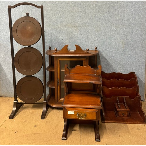 290 - A wooden display case, a letter rack, three tier cake stand and a wall single drawer cabinet