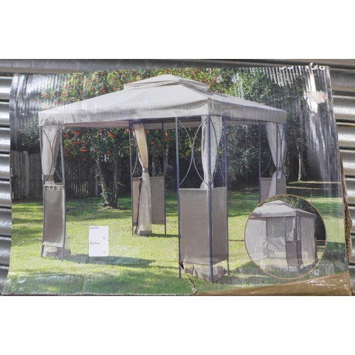 2222 - A 2.5m x 2.5m metal framed garden gazebo with canopy, curtains and fittings