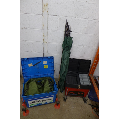 2264 - Two fishing tackle boxes including Shakespeare and Sundridge with 5 assorted fishing rods and an umb... 