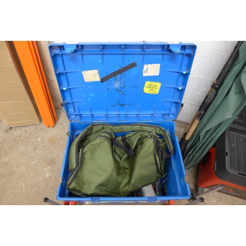 2264 - Two fishing tackle boxes including Shakespeare and Sundridge with 5 assorted fishing rods and an umb... 