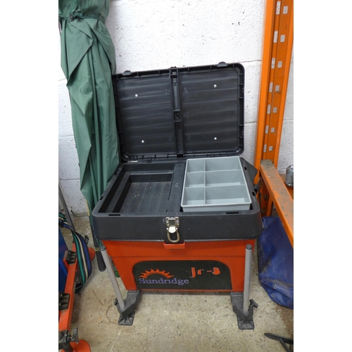 2264 - Two fishing tackle boxes including Shakespeare and Sundridge with 5 assorted fishing rods and an umb... 