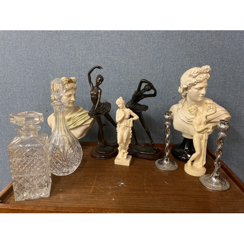 353 - Two plaster figures, glass decanters, etc.