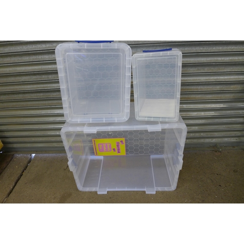 2333 - 3 Really Useful plastic storage boxes with lids including 145ltr, 35ltr and 19ltr