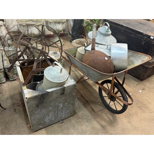 281 - Assorted galvanised ware, including a wheel barrow, etc.