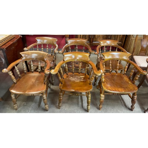 114 - A Harlequin set of six 19th Century style beech smokers bow chairs