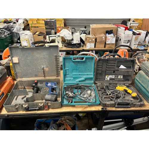 2408 - 3 cased power tools - Makita 4340FCT jigsaw, a Dewalt D25013-GB SDS hammer drill and a Bosch GBH 24V... 