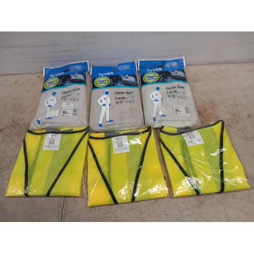 2402 - 9 Dupont Tyvek Classic Xpert CAT III protective overalls and 4 hi-viz vests