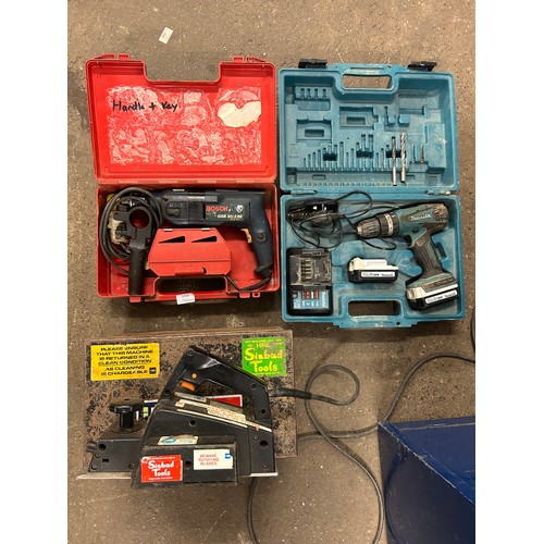 2410 - 3 cased power tools - Bosch GSB 20-2 RE hammer drill, Teksan P800 planer and a Makita HP347D, 14.4V ... 