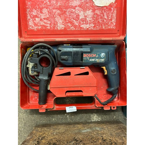 2410 - 3 cased power tools - Bosch GSB 20-2 RE hammer drill, Teksan P800 planer and a Makita HP347D, 14.4V ... 