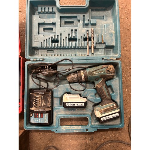 2410 - 3 cased power tools - Bosch GSB 20-2 RE hammer drill, Teksan P800 planer and a Makita HP347D, 14.4V ... 