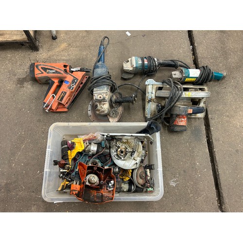 2412 - 5 power tools and a tray of parts including Paslode IM360ci nail gun Makita angle grinder, Bosch cir... 