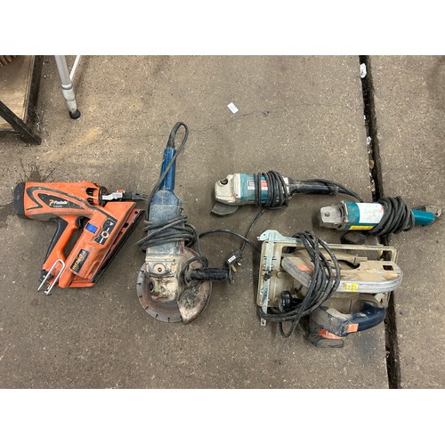 2412 - 5 power tools and a tray of parts including Paslode IM360ci nail gun Makita angle grinder, Bosch cir... 