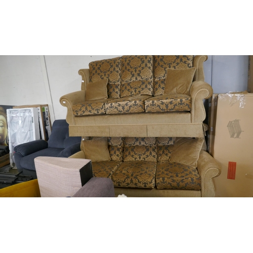 1521 - A gold floral upholstered three piece suite and a blue upholstered love seat - damaged