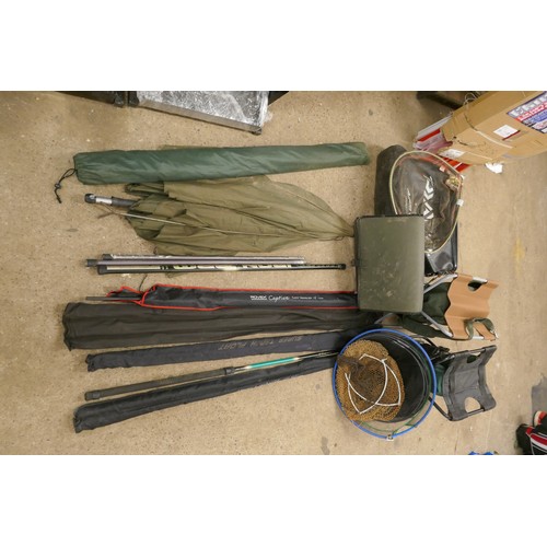 2254 - A collection of fishing items including two fishing stools, keep nets, landing net, two umbrellas, t... 