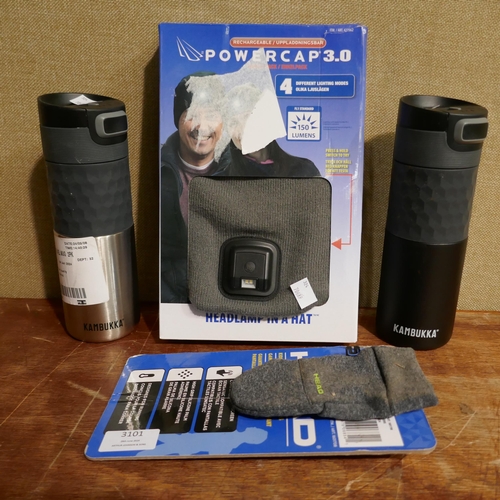3101 - Rechargeable LED Powercap knitted Beanie, Two Kambukka Travel Mugs and a pair of Head toddler  mitts... 