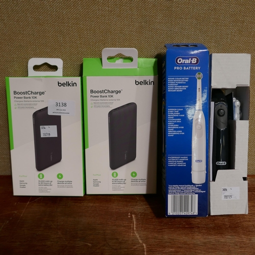 3138 - Two Belkin Powerbanks and Two Oral-B Toothbrushes  (324-347,348) *This lot is subject to vat
