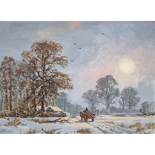 11 - Don Vaughan (1916-2005), figure with horse and cart bringing timber home in a winter landscape, oil ... 