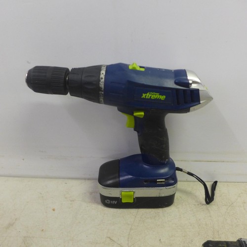 2020 - A quantity of power drills including a Challenge Xtreme CD12181 cordless drill with 2 18V batteries,... 