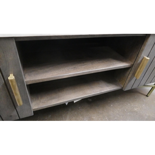 1408 - A grey wash TV stand with brass detail and a marble top  *This lot is subject to VAT