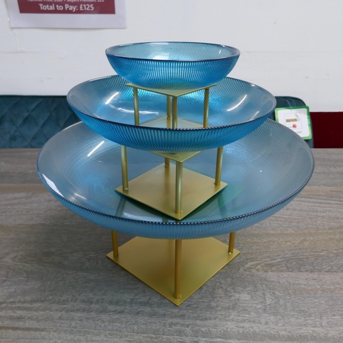 1413 - A set of three blue glass bowls on gold stands