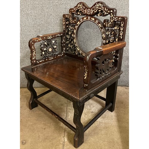 90 - A Chinese hardwood and mother of pearl inlaid armchair