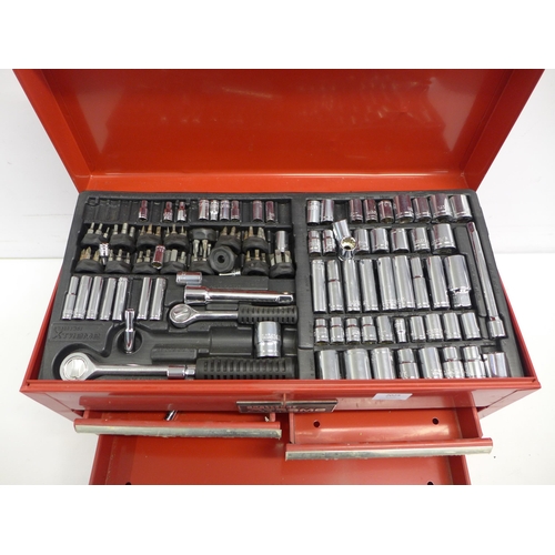 2025 - A Challenge Xtreme red metal tool box with a socket set