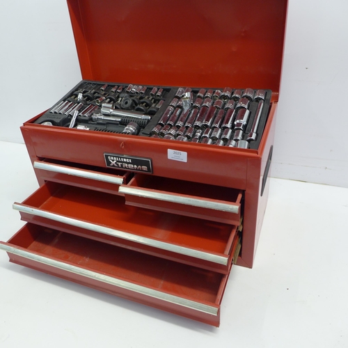 2025 - A Challenge Xtreme red metal tool box with a socket set