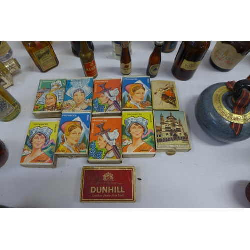 2038 - A box of approx. 60 vintage miniatures and match boxes including Dimple Scots scotch whisky, Chianti... 