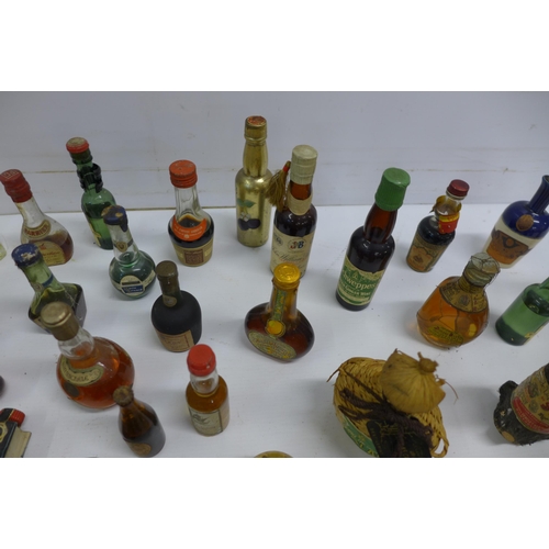 2038 - A box of approx. 60 vintage miniatures and match boxes including Dimple Scots scotch whisky, Chianti... 