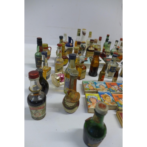 2038 - A box of approx. 60 vintage miniatures and match boxes including Dimple Scots scotch whisky, Chianti... 