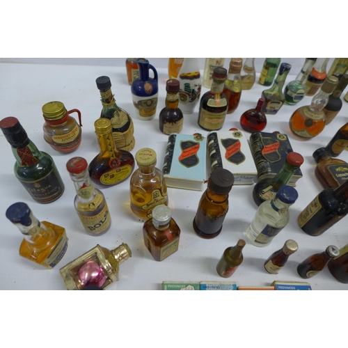 2038 - A box of approx. 60 vintage miniatures and match boxes including Dimple Scots scotch whisky, Chianti... 