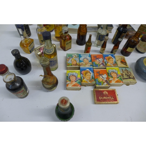 2038 - A box of approx. 60 vintage miniatures and match boxes including Dimple Scots scotch whisky, Chianti... 