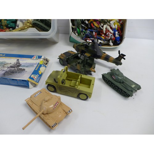 2052 - A box of assorted toys including Airfix and other model kits - mostly army related