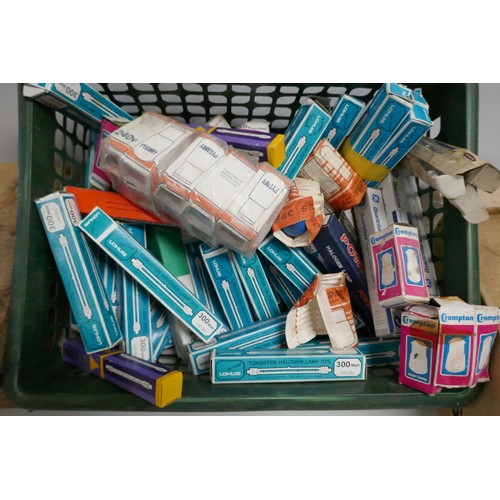 2265 - A tray and two boxes of assorted light bulbs - approx. 60 in total including colored bulbs and halog... 