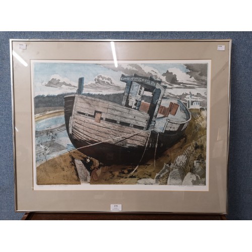 274 - A signed Richard Bowden etching, Boat at Rowhedge, limited edition, no.12/100, framed