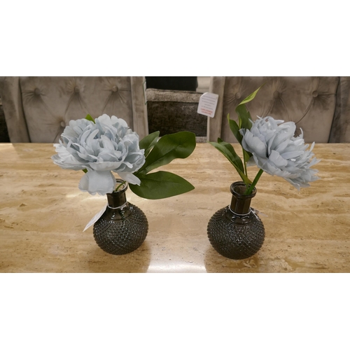 1438 - A pair of artificial duck egg blue Peonies in a ball vase, H 23cms (58928001)   #