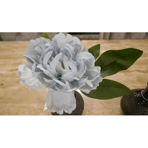 1438 - A pair of artificial duck egg blue Peonies in a ball vase, H 23cms (58928001)   #