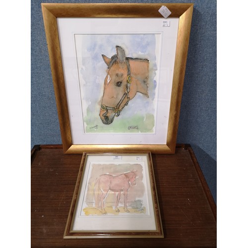 280 - Hedley Carrington, two studies of horses, pen ink and watercolour, framed