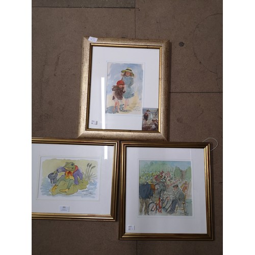 281 - Hedley Carrington, 'Fred Frog', 'The Puncture' and 'The Beach' pen ink and watercolour, framed