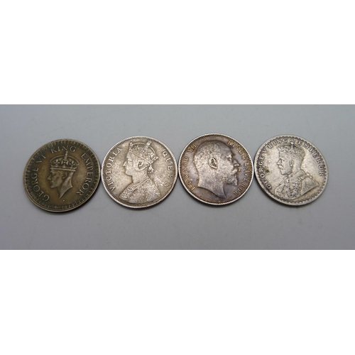 1041 - Four Indian silver 1 rupee coins, Victoria 1862, Edward VII 1906, George V 1919 and George VI 1942, ... 