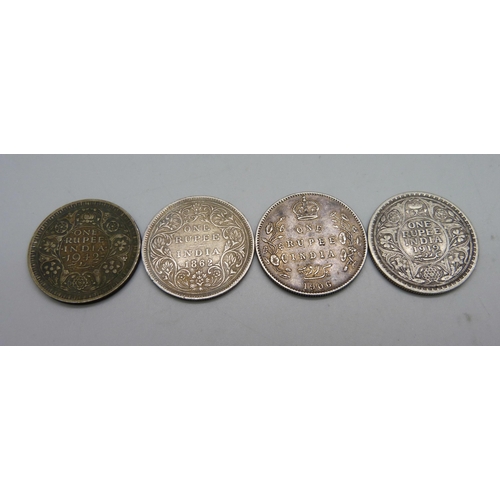 1041 - Four Indian silver 1 rupee coins, Victoria 1862, Edward VII 1906, George V 1919 and George VI 1942, ... 