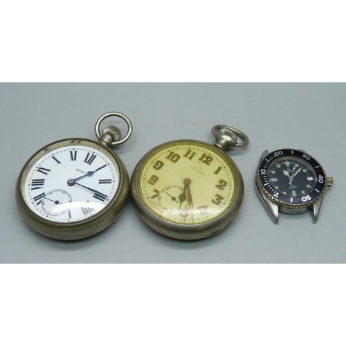 1056 - A Hallmark midi size diver's wristwatch and two top-wind pocket watches