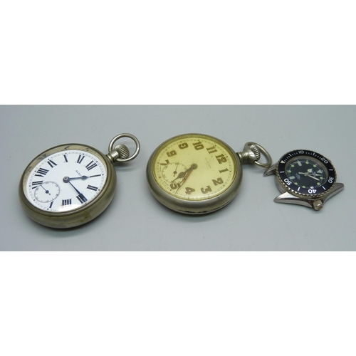 1056 - A Hallmark midi size diver's wristwatch and two top-wind pocket watches