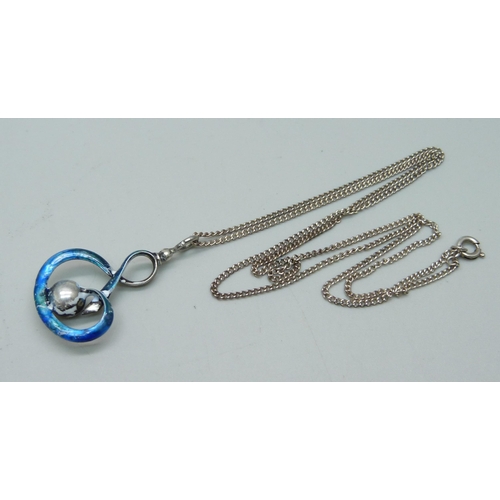 1063 - A Charles Horner silver and enamel pendant on a white metal chain, enamel a/f, 4cm