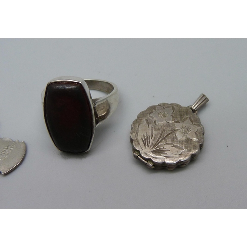 1076 - A silver Georg Jensen locket, a silver ring, and a plated bracelet with silver, white metal and plat... 