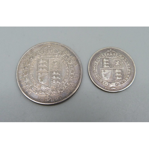 1078 - An 1887 half crown and an 1887 shilling