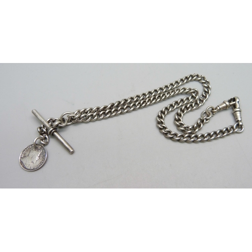 1079 - A silver double Albert watch chain, each link marked, 39.5cm, 32g