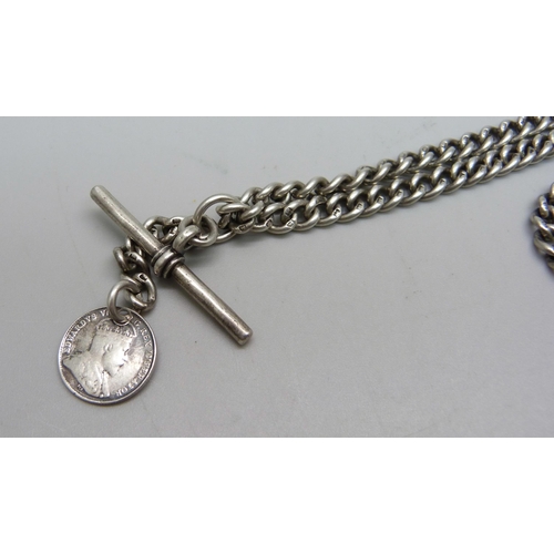 1079 - A silver double Albert watch chain, each link marked, 39.5cm, 32g